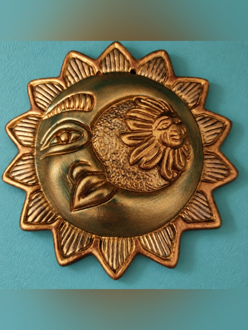 Vintage Sun Moon Wall Art Handmade Terra Cotta Celestial Plaque 90s
